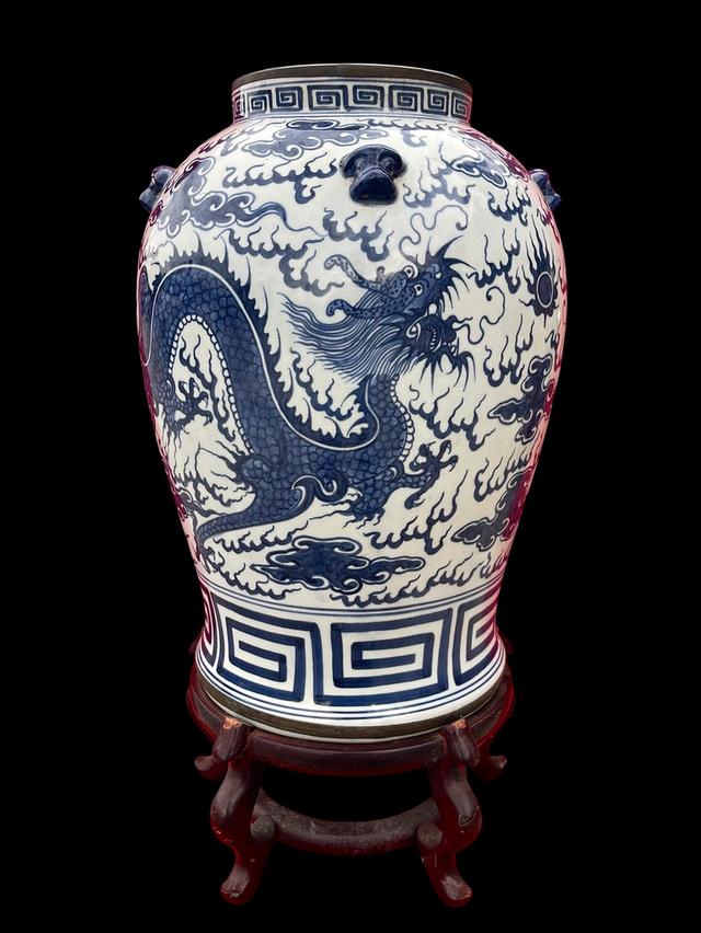 โถลายครามมังกร โถกระเบื้องลายครามโบราณ ใบใหญ่ ลายมังกร ศิลปะจากจีน
