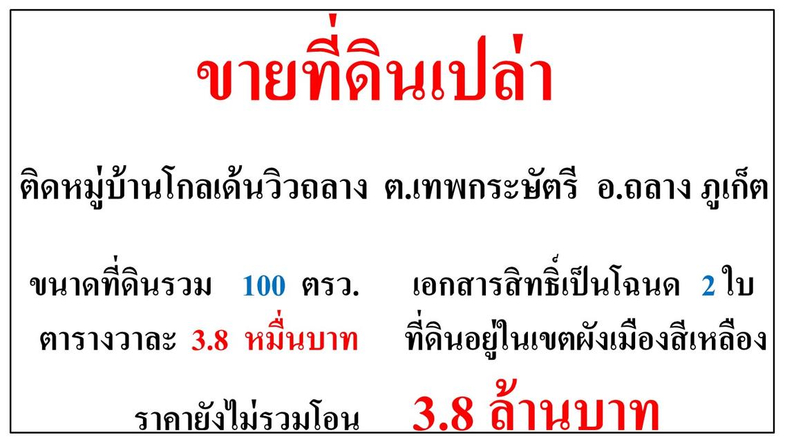 ขายที่ดินเปล่า ขนาด 100 ตารางวา  ติดหมู่บ้านโกลเด้นวิวถลาง  ต.เทพกระษัตรี  อ.ถลาง  ภูเก็ต 1