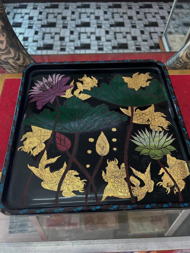ถามไม้ถมทอง ถาดไม้เก่าสลักลายทมทองคำ 8