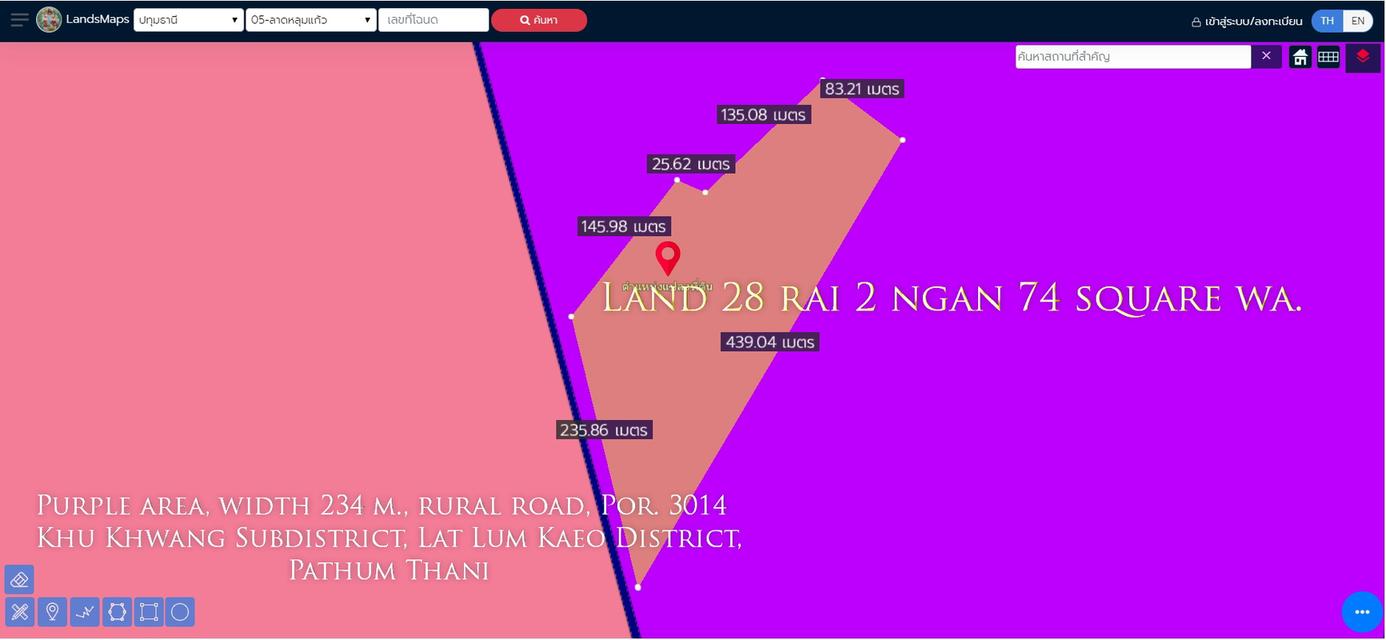 ✅ขายที่ดิน28ไร่2งาน74ตารางวา พื้นที่สีม่วง หน้ากว้าง 234ม. ถนนทางหลวงชนบท ปท.3014  ตำบล คูขวาง อำเภอลาดหลุมแก้ว ปทุมธานี  
