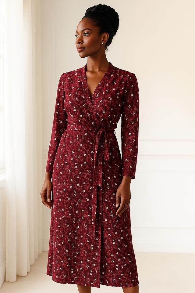 เดรสพันหน้าพิมพ์ลายกราฟิ กสีเบอร์กันดี (Burgundy Graphic Print Wrap Dress)@SP040