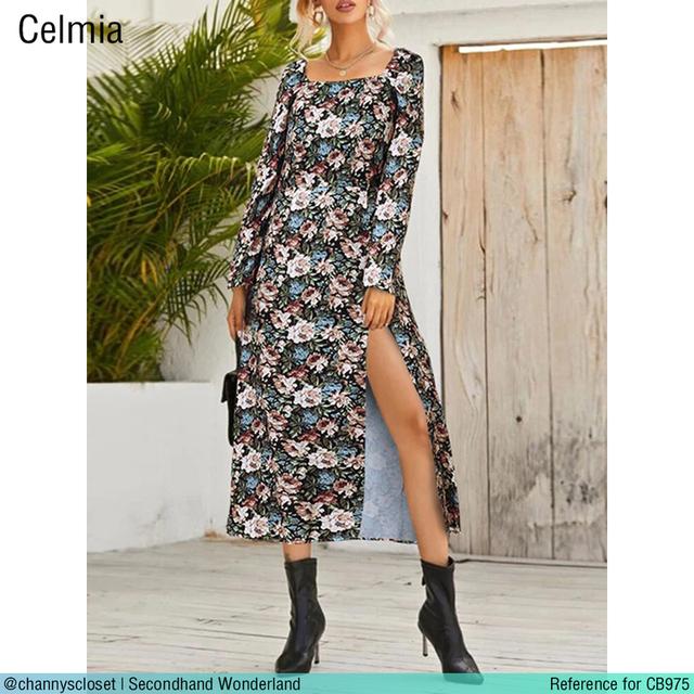 USED Celmia - Black Floral Puff Sleeve Maxi Dress | เดรสยาวสีดำ สีม่วง เดรสทรงเอ แขนพอง ลายดอก ผ่าข้าง สายฝอ แท้ มือสอง