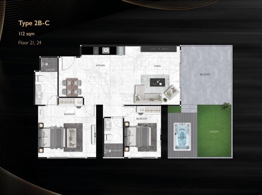 Grand Solaire Noble Pattaya for SaleVIP Corner Unit112 sq.m.2 bedrooms, 2 bathroomsForeign Quota availableStarting Price: 16.688M THB 2