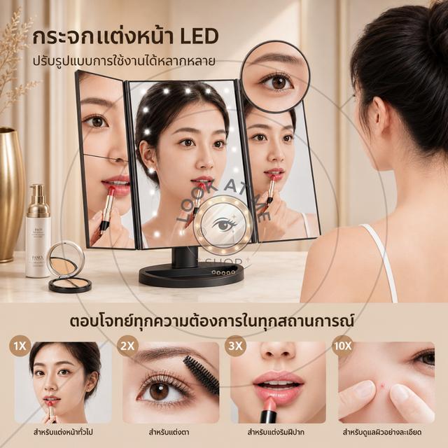 กระจกแต่งหน้า LED แบบพับได้นี้มีไฟ LED สว่าง 22 ดวง พร้อมปรับความสว่างได้ และมีตัวเลือกพลังงานคู่ (USB หรือแบตเตอรี่ผลิตจาก ABS/PP ที่ทนทาน รูปย่อยที่ 3