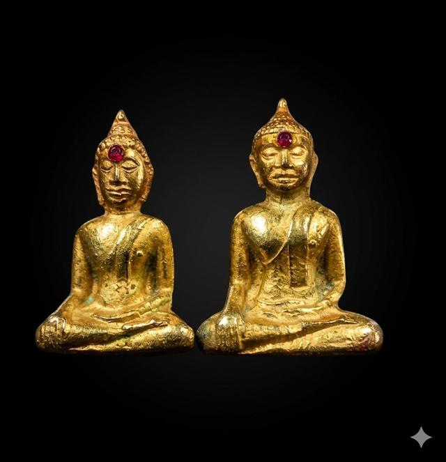 พระกริ่งหลวงพ่อพระใส รุ่นแรก พิมพ์หน้ายักษ์ ปี พ.ศ. 2505 เนื้อกะไหล่ทอง ฝังพลอยแดง