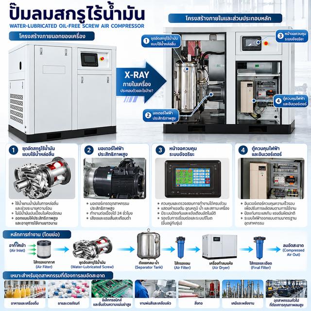 Dry Oil-free Screw Compressor อัดอากาศโดยไม่มีการฉีดน้ำมันเข้าห้องอัด