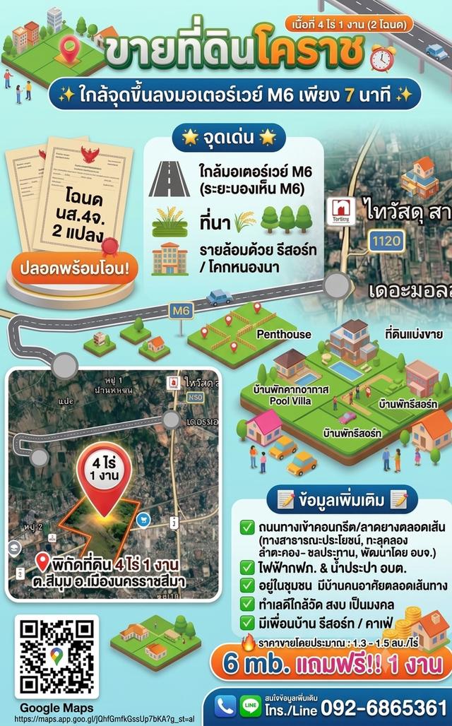 🍀 ขายที่ดินโคราช ใกล้จุดขึ้นลงมอเตอร์เวย์ M6 เพียง 7 นาที 1