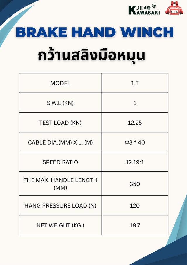 กว้านสลิงมือหมุน BRAKE HAND WINCH รุ่น 1 Ton รูปที่ 2