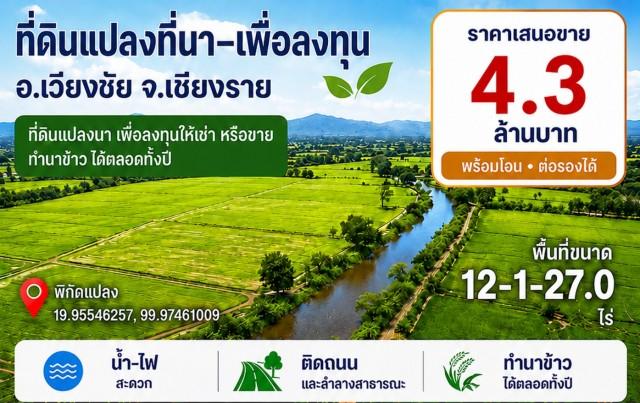 ขายที่ดินที่นา 12-1-27ไร่ 4.3ลบ. ติดถนน ลำคลอง ทำนาได้ทั้งปี เหมาะลงทุนขายหรือให้เช่า ใกล้วัดเวียงเชียงรุ้ง ต.เวียงเหนือ 2