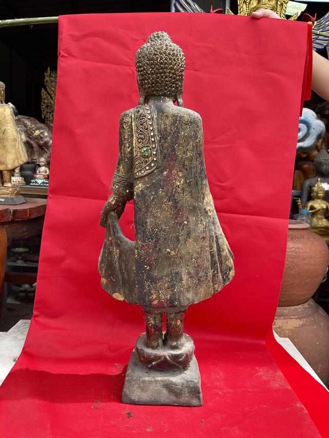 พระไม้แกะสลัก พระไม้โบราณ ศิลปะล้านนา ปางเปิดโลก พระพุทธรูปท่ายืน รูปที่ 5