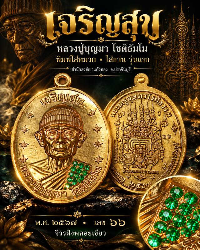 เหรียญเจริญสุข หลวงปู่บุญมา ใส่หมวก-ใส่แว่น รุ่นแรก ปี 2567 จีวรฝังพลอยเขียว เลข 66 พร้อมกล่อง