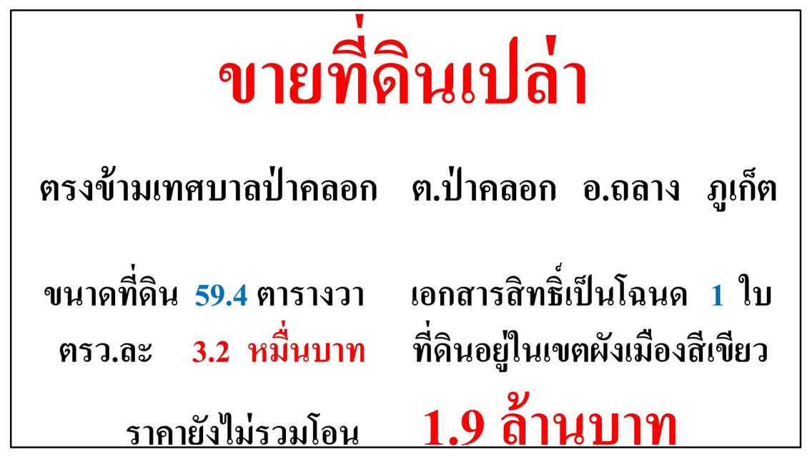 ขายที่ดินเปล่า ขนาด 59.4 ตารางวา  ตรงข้ามเทศบาลป่าคลอก  ต.ป่าคลอก  อ.ถลาง  ภูเก็ต 1