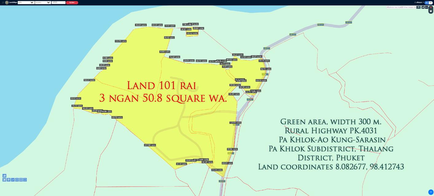 ขายที่ดิน101ไร่ 3งาน 50.8ตารางวา พร้อมอาคาร พื้นที่สีเขียว หน้ากว้าง 300ม.  ถนนทางหลวงชนบท ภก.4031   ตำบล ป่าคลอก อำเภอถลาง  ภูเก็ต   2