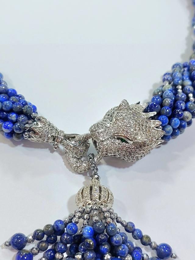สร้อยหินLapis Lazuli 4 มิลร้อยแบบพวงมีพู่ห้อย หัวเสือฝังพลอยCZ sterling silver925 ยาว 21 นิ้ว