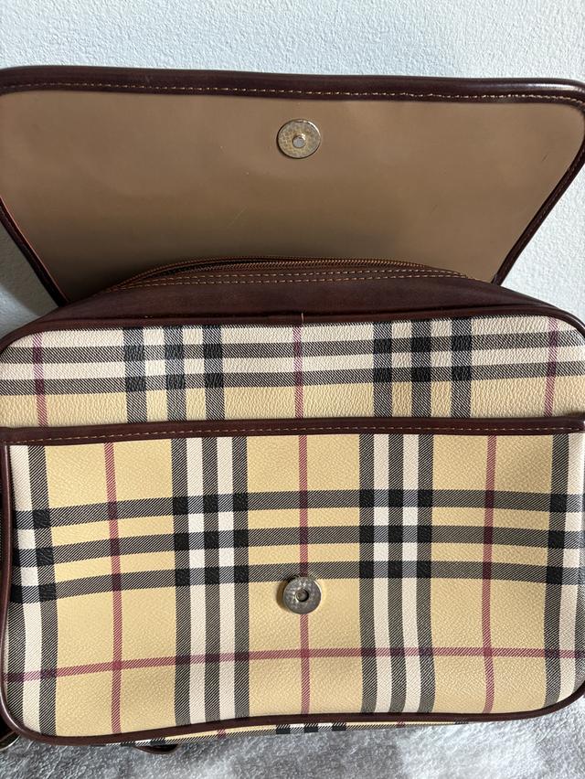 กระเป๋าสะพายไหล่มือสอง Sunstar หนังแคนวาสลายตารางสีน้ำตาล