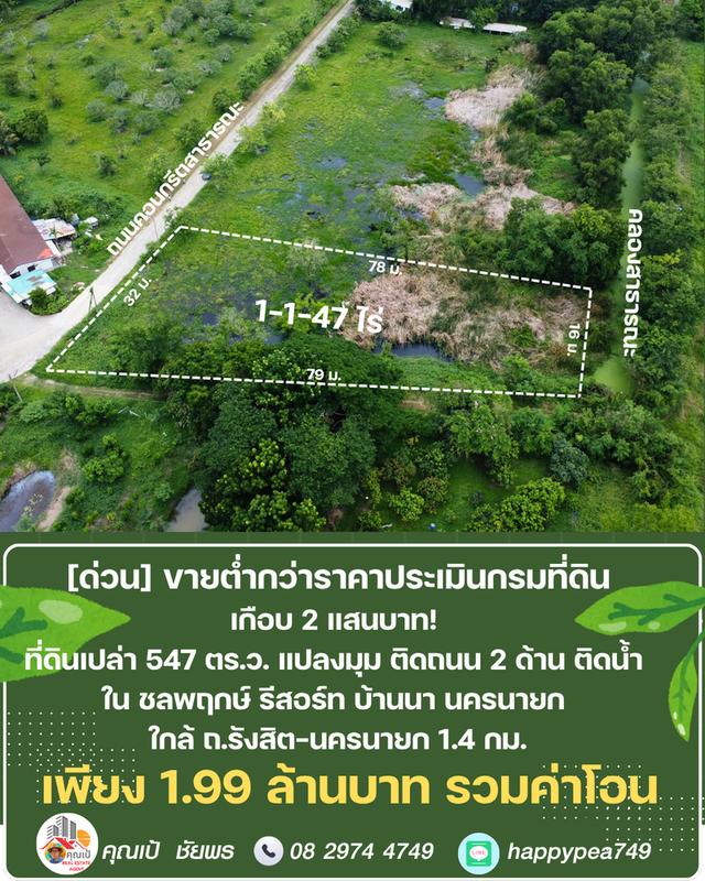 ขายที่ดิน 547 ตร.ว. บ้านนา นครนายก แปลงมุม ติดถนน ติดคลอง ต่ำกว่าราคาประเมิน ในชลพฤกษ์รีสอร์ท 8