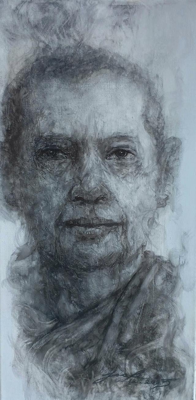 "หลวงพ่อฤาษีลิงดำ" ภาพวาดหมึกดำ บนเฟรมผ้าใบทรงสูง  ขนาด 25×50 cm. พ่นเคลือบแล้ว รูปที่ 3