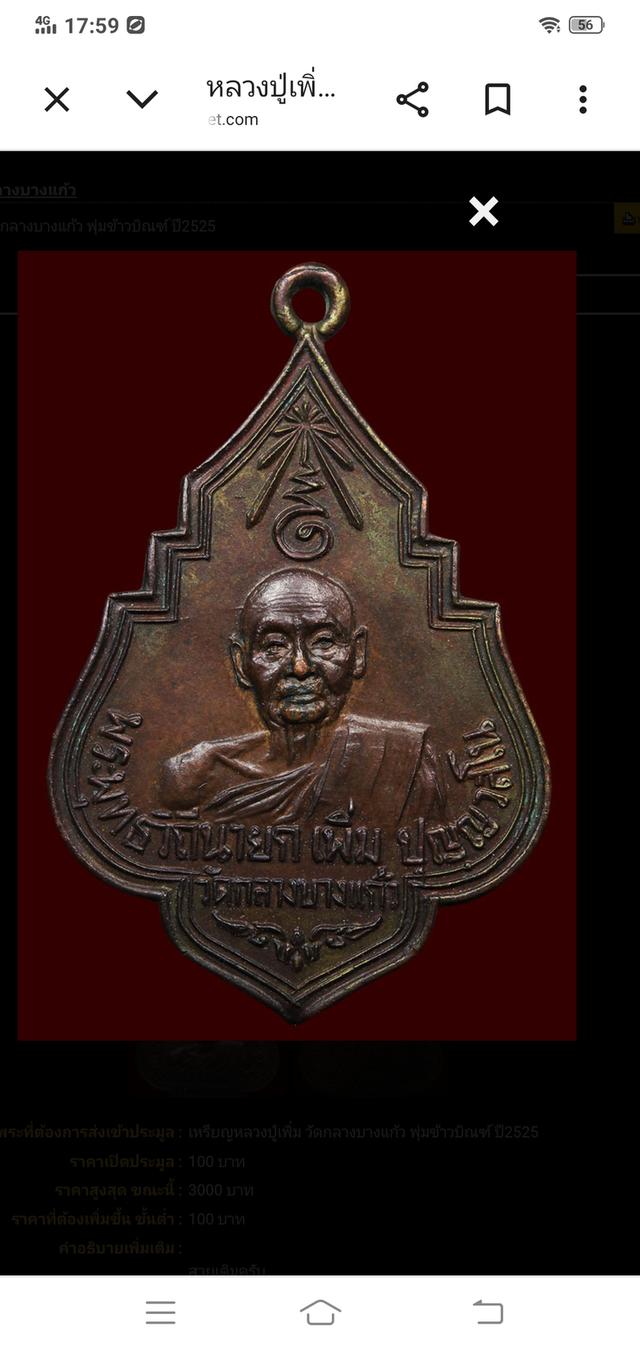 เหรียญ ข้าวบิณพุ่ม หลวงปู่เพิ่ม. วัดกลางบางแก้ว ปี2525