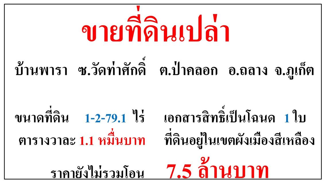 ขายที่ดินเปล่า ขนาด 1-2-79.1 ไร่ **บ้านพารา ซ.วัดท่าศักดิ์** อ.ถลาง ภูเก็ต (ตรว.1.1หมื่นบาท) 2