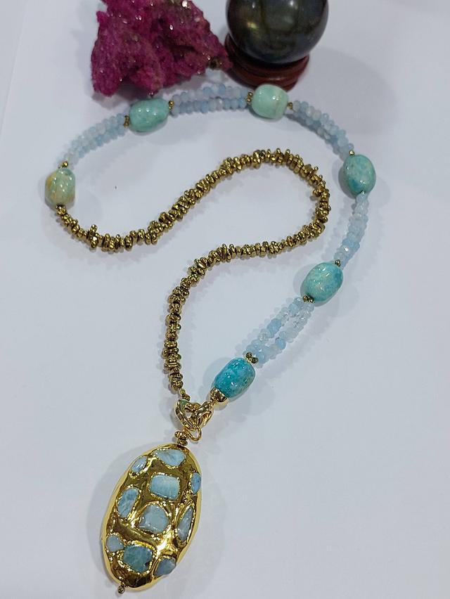สร้อยคอเส้นคู่ Amazonite necklace stone Agateเจียร Hematite เส้นนอกยาว 30 นิ้ว รูปที่ 3