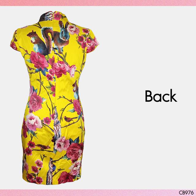 USED - Yellow Floral Qipao Dress | เดรสยาวสีเหลือง สีชมพู เดรสกี่เพ้า ตรุษจีน ลายดอก กระต่าย แขนสั้น คอจีน มือสอง