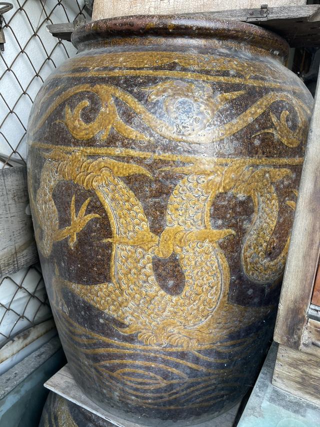 โอ่งไหหลำลายมังกร ใบใหญ่ โอ่งจีนโบราณ โอ่งดินเผาน้ำเคลือบ