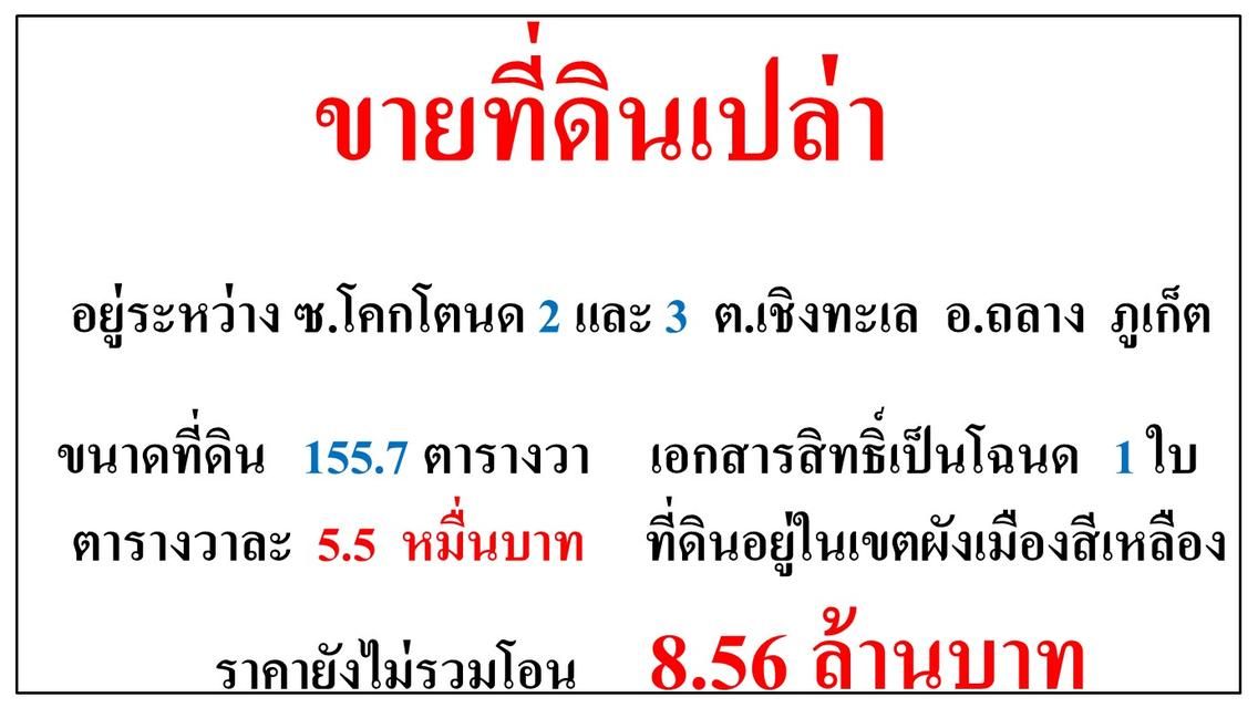 ขายที่ดินเปล่า ขนาด 155.7 ตารางวา  อยู่ระหว่าง ซ.โคกโตน 2-3  ต.เชิงทะเล  อ.ถลาง  ภูเก็ต