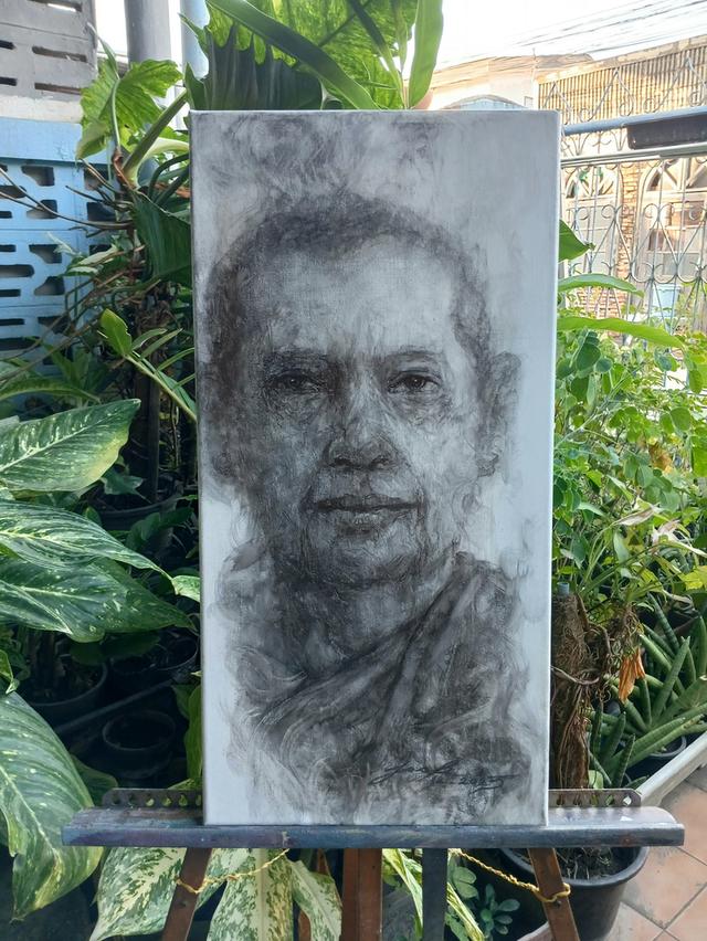 "หลวงพ่อฤาษีลิงดำ" ภาพวาดหมึกดำ บนเฟรมผ้าใบทรงสูง  ขนาด 25×50 cm. พ่นเคลือบแล้ว รูปที่ 1