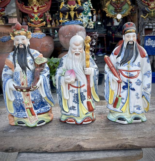 เทวรูปจีน ฮก ลก ซิ่ว เนื้อกระเบื้องกังไส ขนาด14นิ้ว ชุด3องค์ ฮกลกซิ่ว