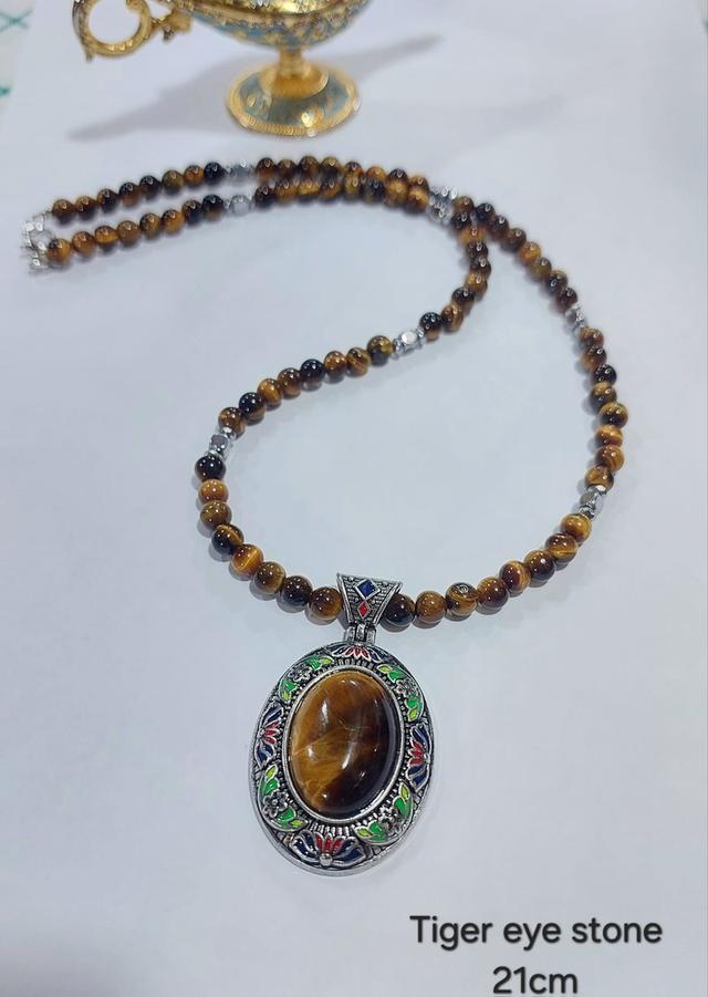 สร้อยหิน Amethyst Turquoise Tiger's eye พร้อมจี้ลงยา หิน6มิล สร้อย21เซนต์ 4