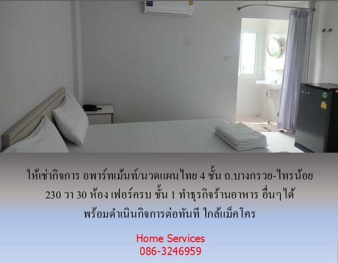 ให้เช่ากิจการ อพาร์ทเม้นท์/นวดแผนไทย 4 ชั้น ถ.บางกรวย-ไทรน้อย 230 วา 30 ห้อง เฟอร์ครบ ชั้น 1 ทำร้านอาหาร อื่นๆได้ พร้อมดำเนินกิจการทันที ใกล้แม็คโคร  2