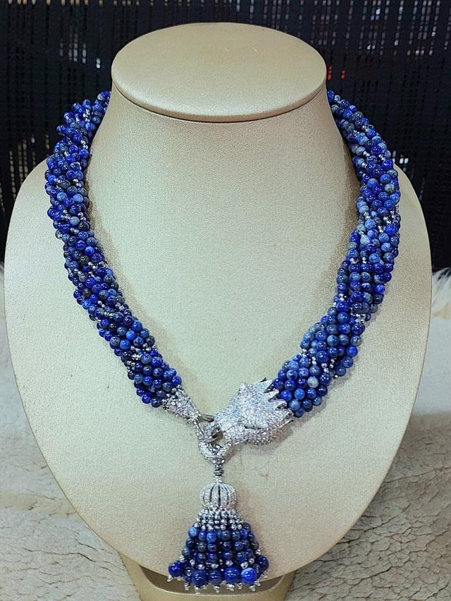 สร้อยหินLapis Lazuli 4 มิลร้อยแบบพวงมีพู่ห้อย หัวเสือฝังพลอยCZ sterling silver925 ยาว 21 นิ้ว