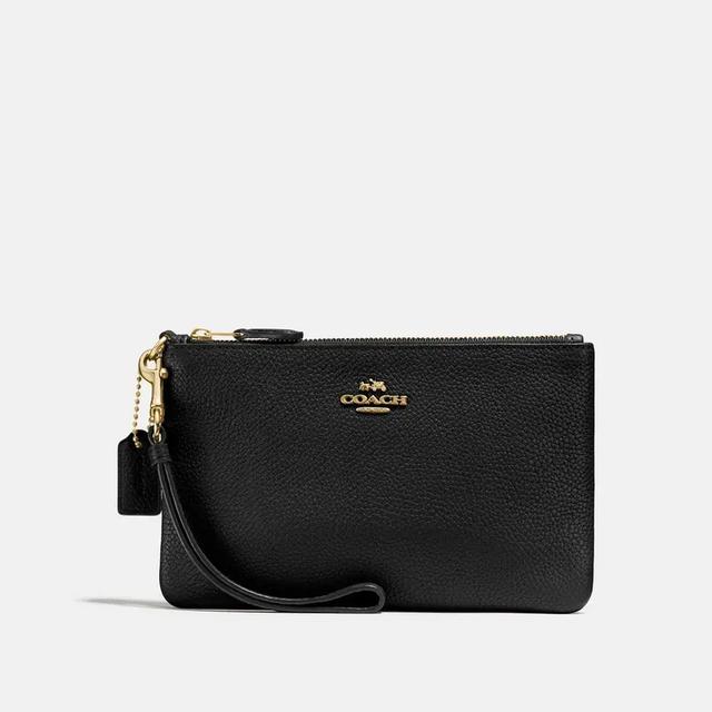 COACH Small Wristlet in Polished Pebble Leather สีดำ (Black)