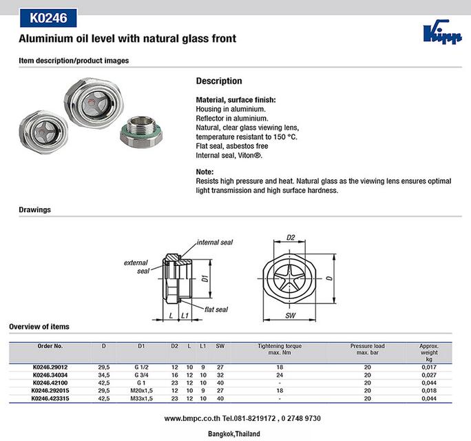Aluminium sight glass, oil sight glass, oil window glass, ตาแมวกระจกแก้ว, Amecoil, thread insert, Disclock, Wedge lock washer, แหวนคู่กันคลาย, Schnorr รูปที่ 2