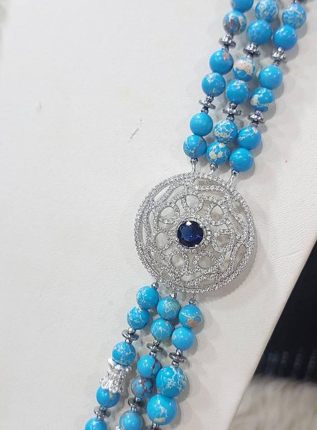 สร้อยหินเทอควอยซ์-บุษราคัม-สตอเบอรรี่ควอต-อความารีน แร่เฮมาไทต์ ดอกไม้CZ sterling silver925