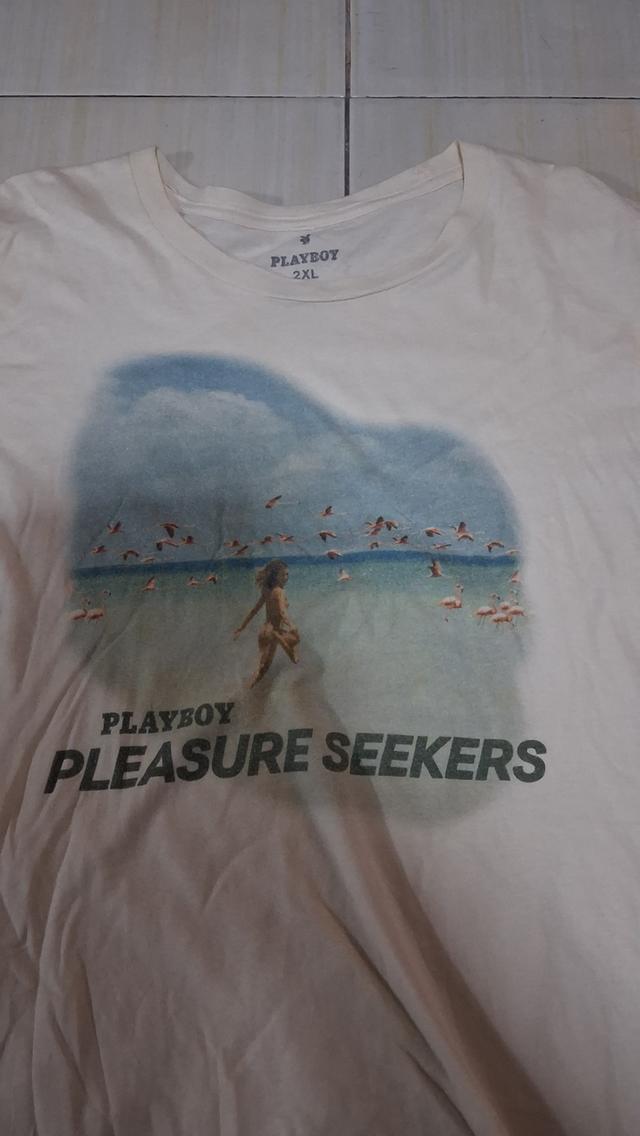 เสื้อยืดวินเทจมือสอง คอกลมสีครีมแบรนด์แท้ Playboy ลายกราฟิกชายหาดนกฟลามิงโกและข้อความ "Pleasure Seekers" ตัวเสื้อเป็นทรงสวย ใส่สบาย รูปย่อยที่ 2