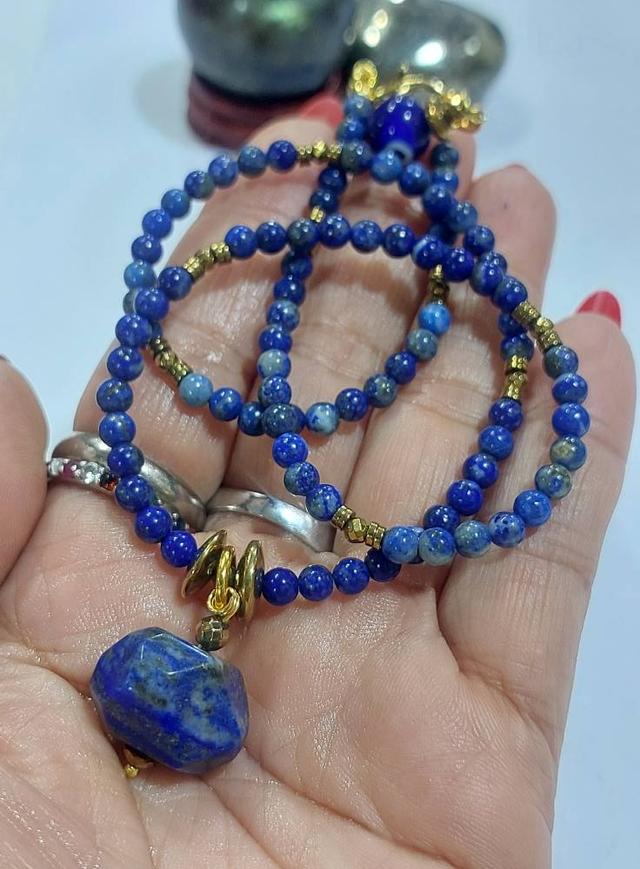 สร้อยคอหินลาพิส ลาซูลี่(Lapis lazuli)เจียรเหลี่ยม ติ่งevil eye ความยาว 19 นิ้ว