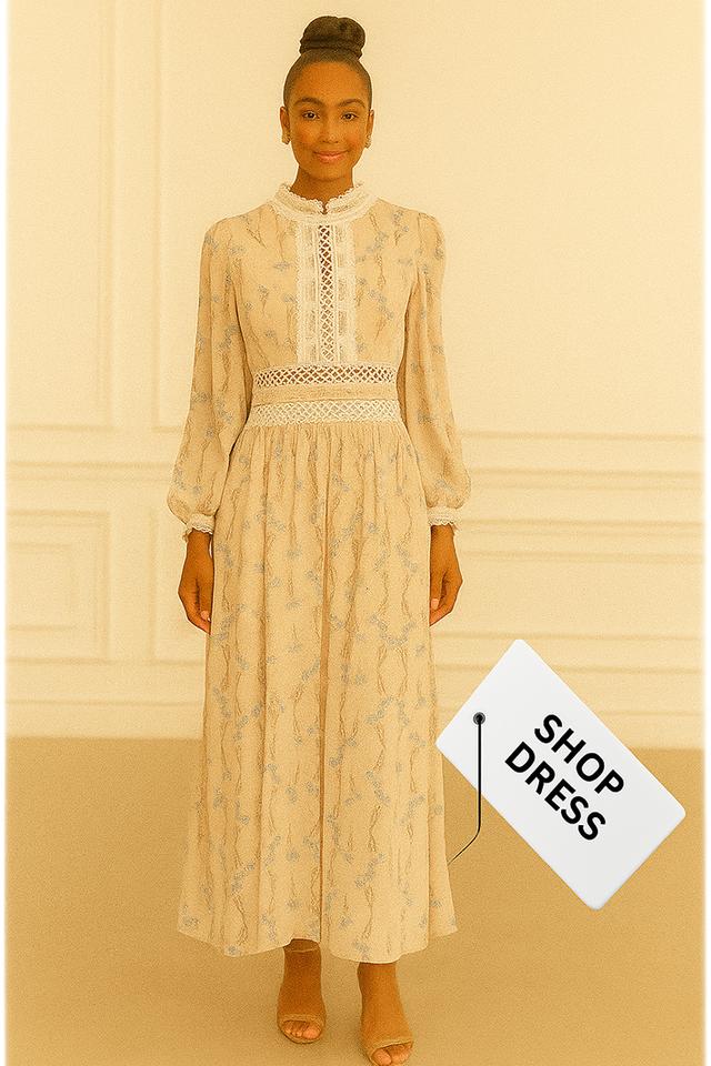 เดรสลูกไม้คอตั้งแขนยาวลายดอกไม้ หรือ Lace Yoke Floral Midi Dress with Long Sleeves @SP044