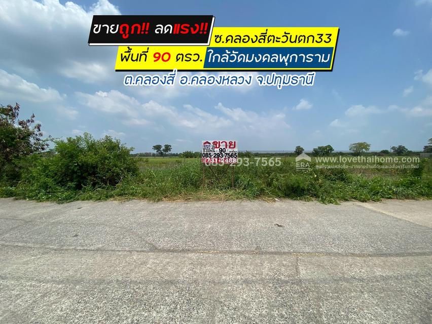 ขายถูก ที่ดินเปล่าซอยคลองสี่ตะวันตก33 คลองสี่ คลองหลวง ปทุมธานี เป็นที่ดินจัดสรร แปลงสวย พื้นที่ 90 ตรว. ใกล้วัดมงคลพุการาม ขาย 6.5 แสน 1