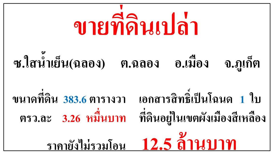 ขายที่ดินเปล่า ขนาด 383.6 ตรว.  ซ.ใสน้ำเย็น  ต.ฉลอง  อ.เมือง  ภูเก็ต 1