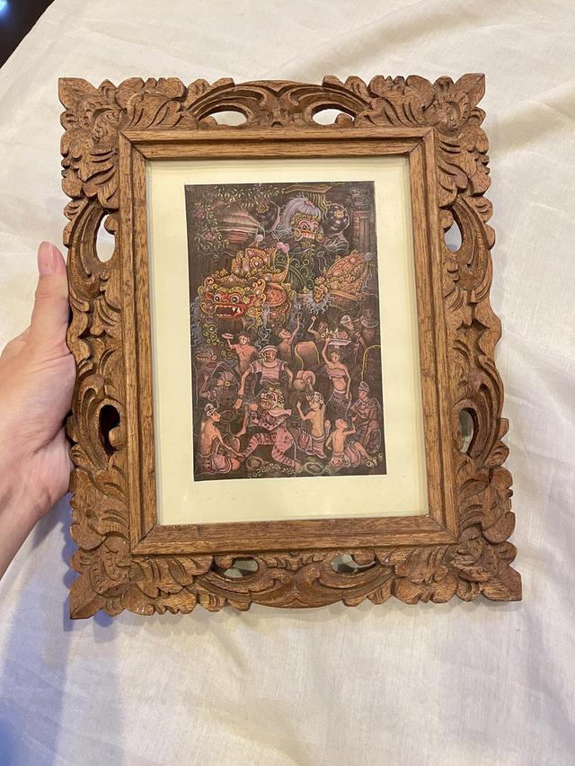 ภาพวาดศิลปะบาหลีโบราณ งานแฮนด์เมดภาพระบำบารอง พร้อมกรอบไม้แท้แกะสลักฉลุลายละเอียด