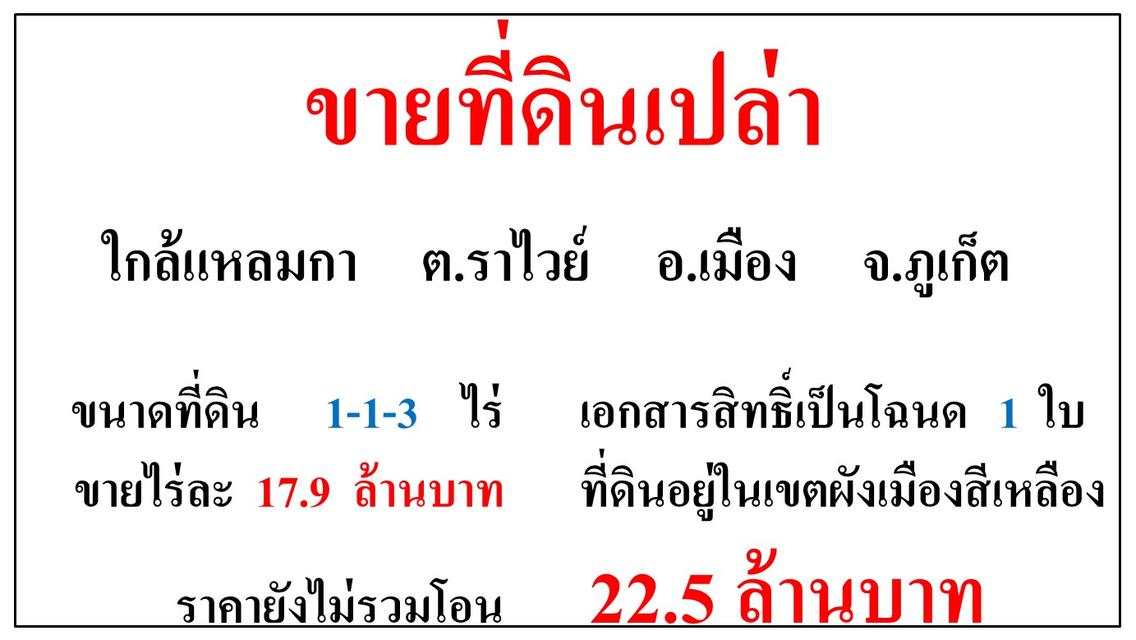 ขายที่ดินเปล่า ขนาด 1-1-3 ไร่  ใกล้แหลมกา  ต.ราไวย์  อ.เมือง  ภูเก็ต 1