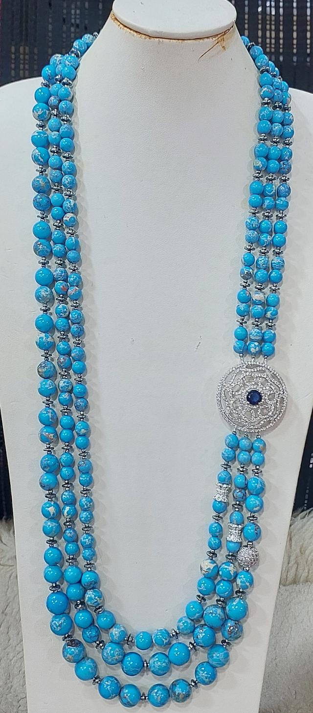 สร้อยหินเทอควอยซ์-บุษราคัม-สตอเบอรรี่ควอต-อความารีน แร่เฮมาไทต์ ดอกไม้CZ sterling silver925