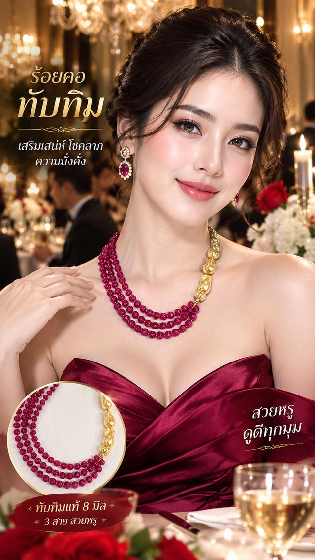 สร้อยคอหินมงคลทับทิมอินเดียมะยมร้อย3ชั้น 8มิล มุกบาล็อคทอง ยาว 19 นิ้ว