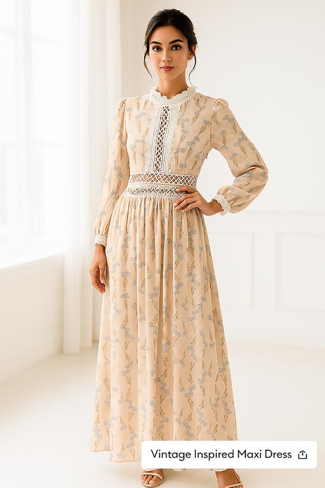 เดรสลูกไม้คอตั้งแขนยาวลายดอกไม้ หรือ Lace Yoke Floral Midi Dress with Long Sleeves @SP044