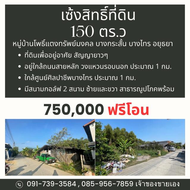 ที่ดิน 150 ตรว บางไทร อยุธยา