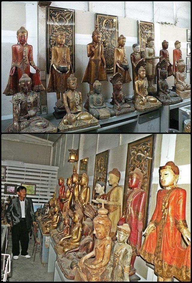 พระพุทธรูปไม้โบราณ องค์ยืน ปางอุ้มบาตร ปางเปิดโลก ปางประธานพร