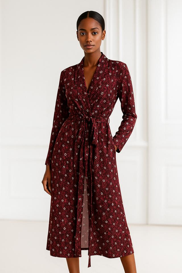 เดรสพันหน้าพิมพ์ลายกราฟิ กสีเบอร์กันดี (Burgundy Graphic Print Wrap Dress)@SP040