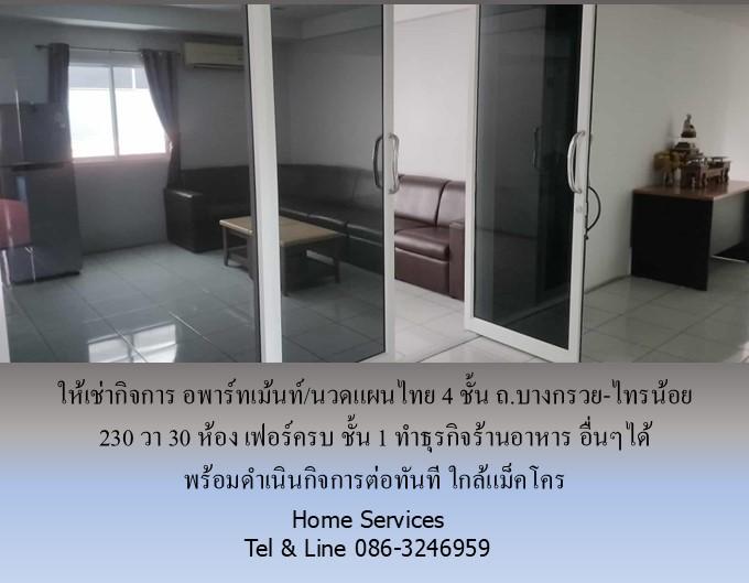 ให้เช่ากิจการ อพาร์ทเม้นท์/นวดแผนไทย 4 ชั้น ถ.บางกรวย-ไทรน้อย 230 วา 30 ห้อง เฟอร์ครบ ชั้น 1 ทำร้านอาหาร อื่นๆได้ พร้อมดำเนินกิจการทันที ใกล้แม็คโคร  9