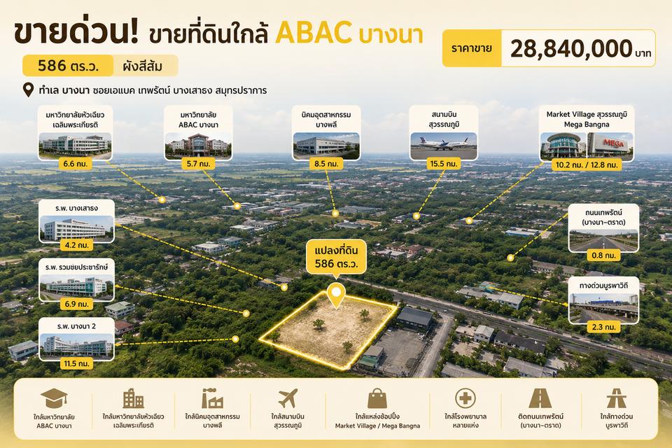 🔥 ขายที่ดินใกล้ ABAC บางนา | 586 ตร.ว. | ผังสีส้ม ทำเลศักยภาพ “บางนา–บางเสาธง" 2